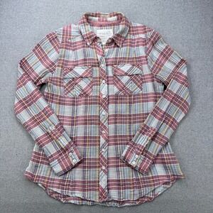 We The Free People Guaze Plaid Button Up Shirt Womens S Pink Boho Cowgirl Top